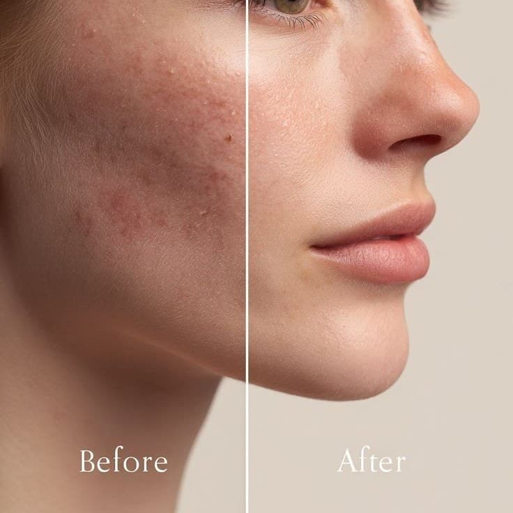 Before and after side profile: cheek redness and bumps visibly faded